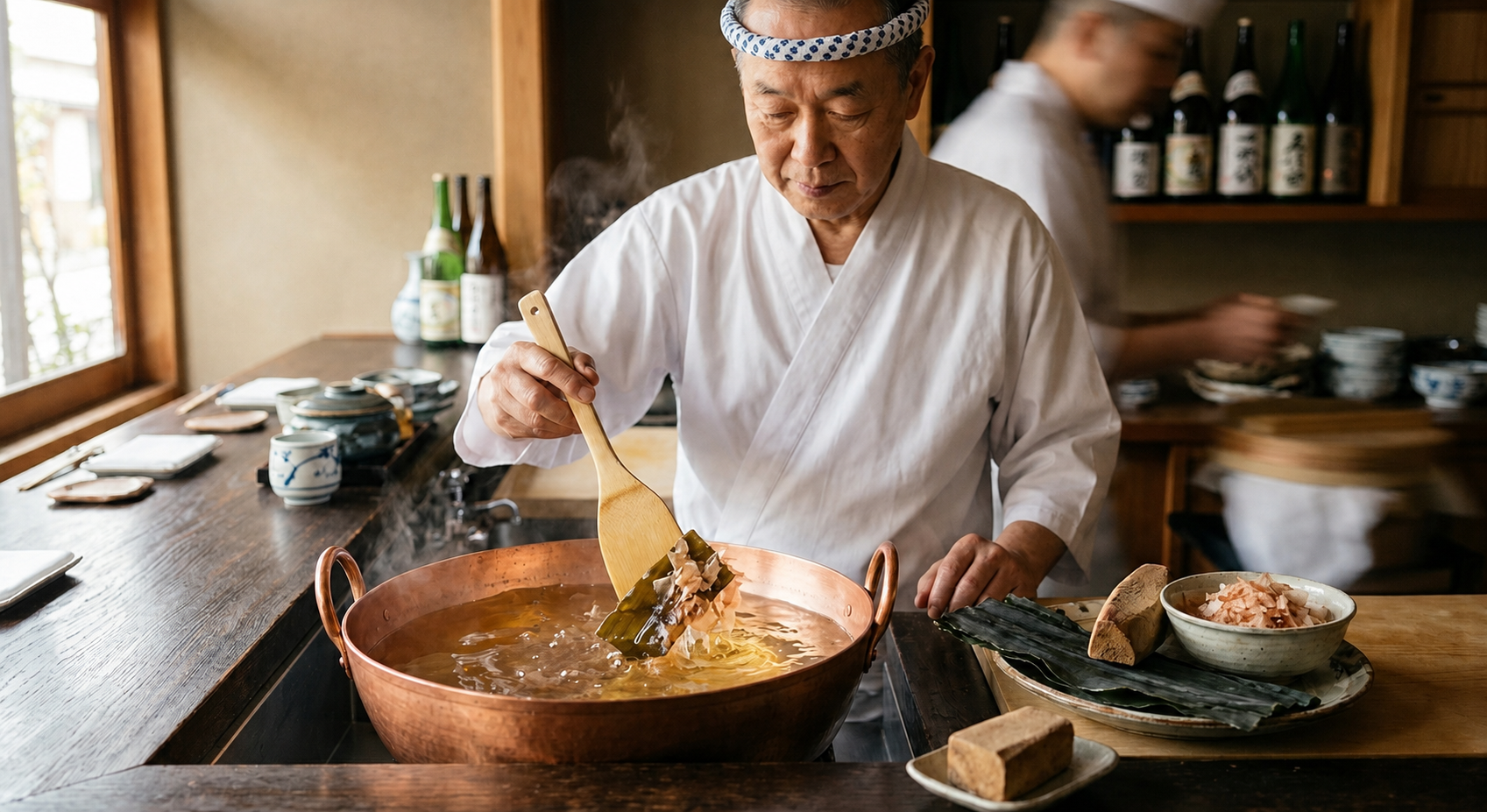 Traditional Japanese dashi soup stock made with kombu kelp and katsuobushi bonito flakes