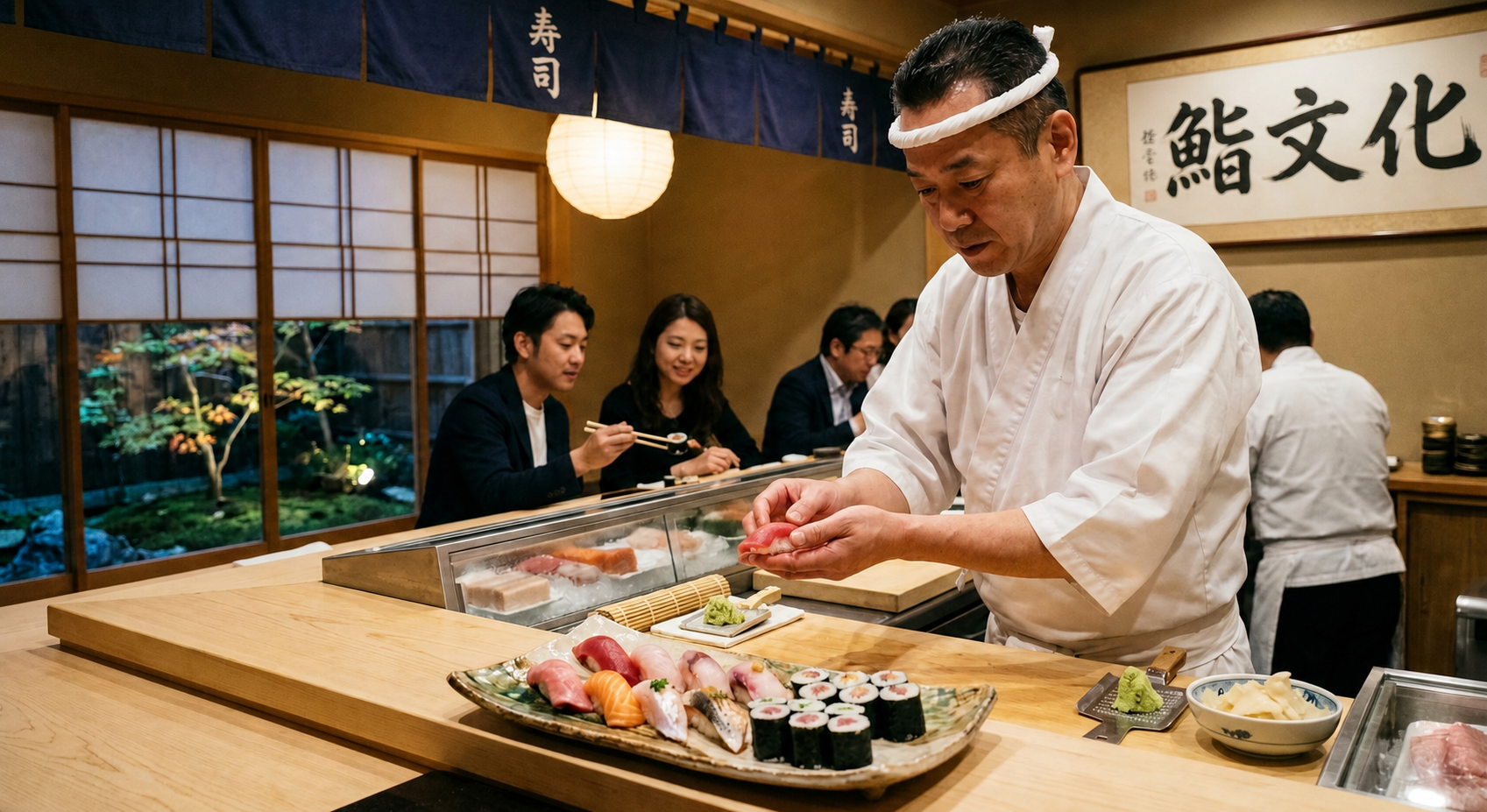 Japanese sushi chef preparing traditional sushi in Japan
