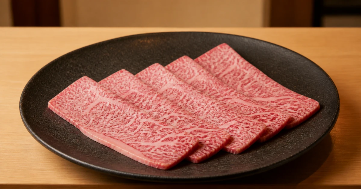 Thin slices of finely marbled Japanese Wagyu arranged on a dark ceramic plate