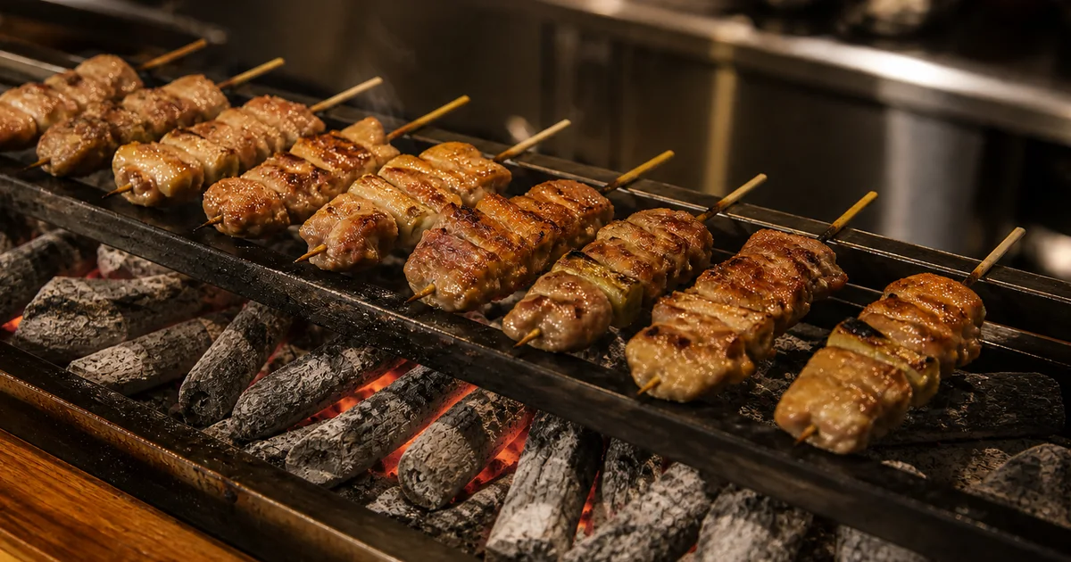 Yakitori skewers grilling over glowing binchotan charcoal