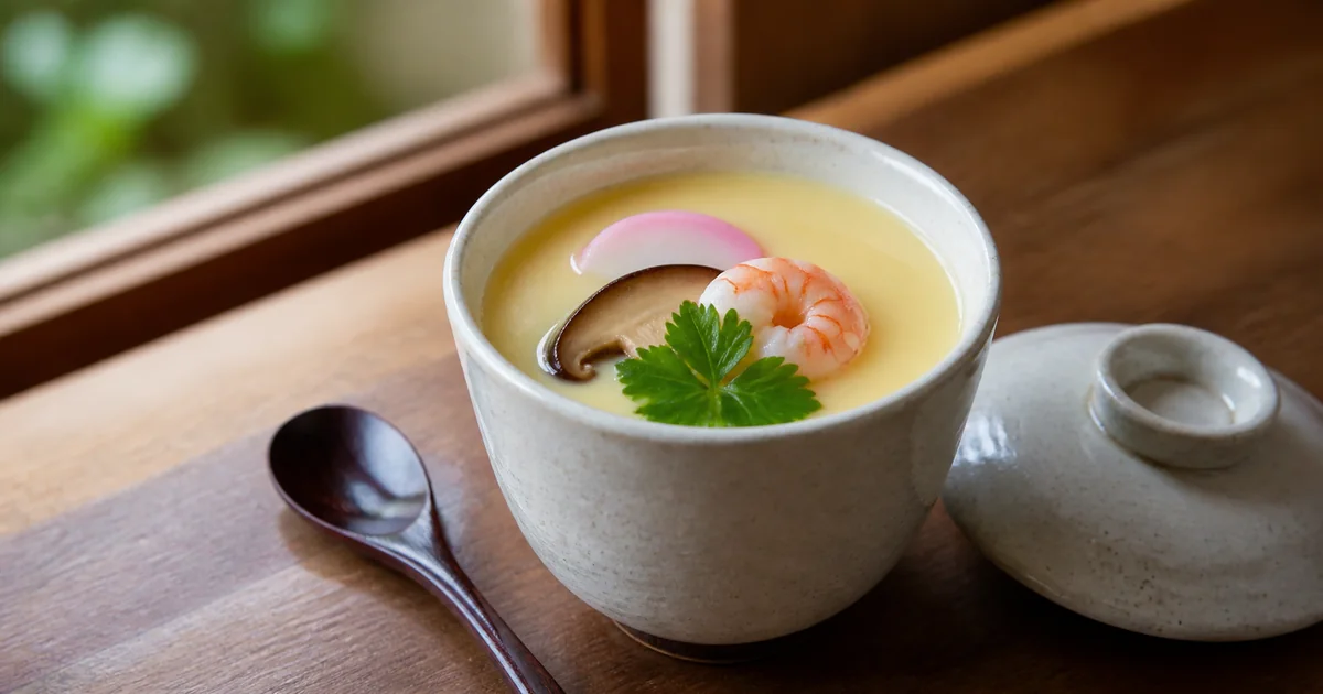 Japanese chawanmushi savory steamed egg custard with shrimp and shiitake
