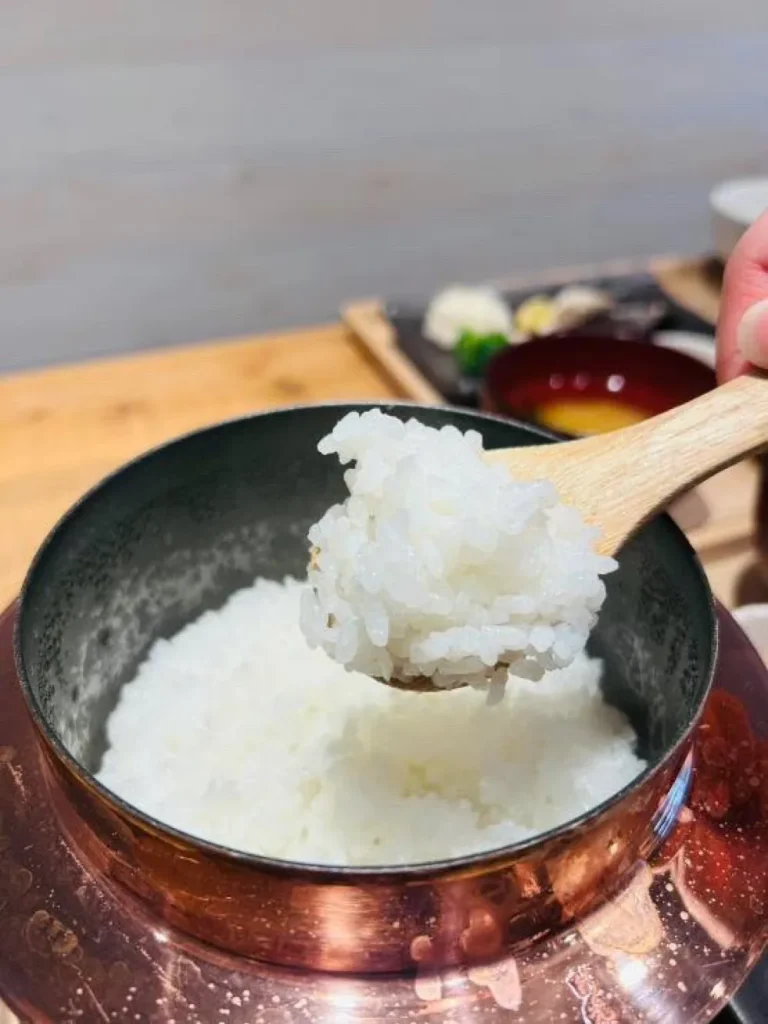 Freshly cooked glossy Japanese rice lifted with a wooden paddle from a metal hagama