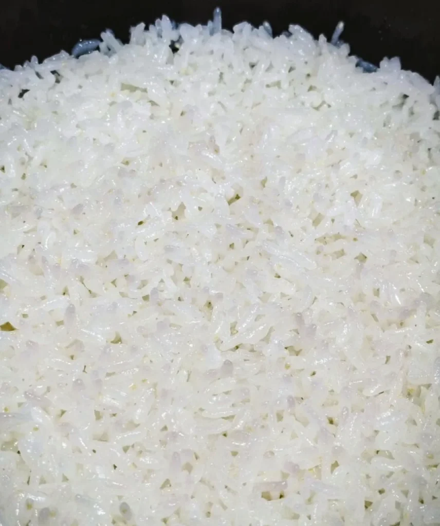 Close-up of glossy Japanese rice cooked in a donabe with distinct plump grains