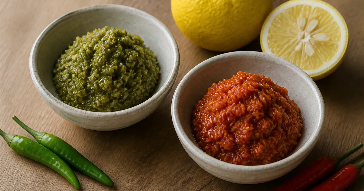 Bowls of green and red yuzu kosho with fresh yuzu and chili peppers