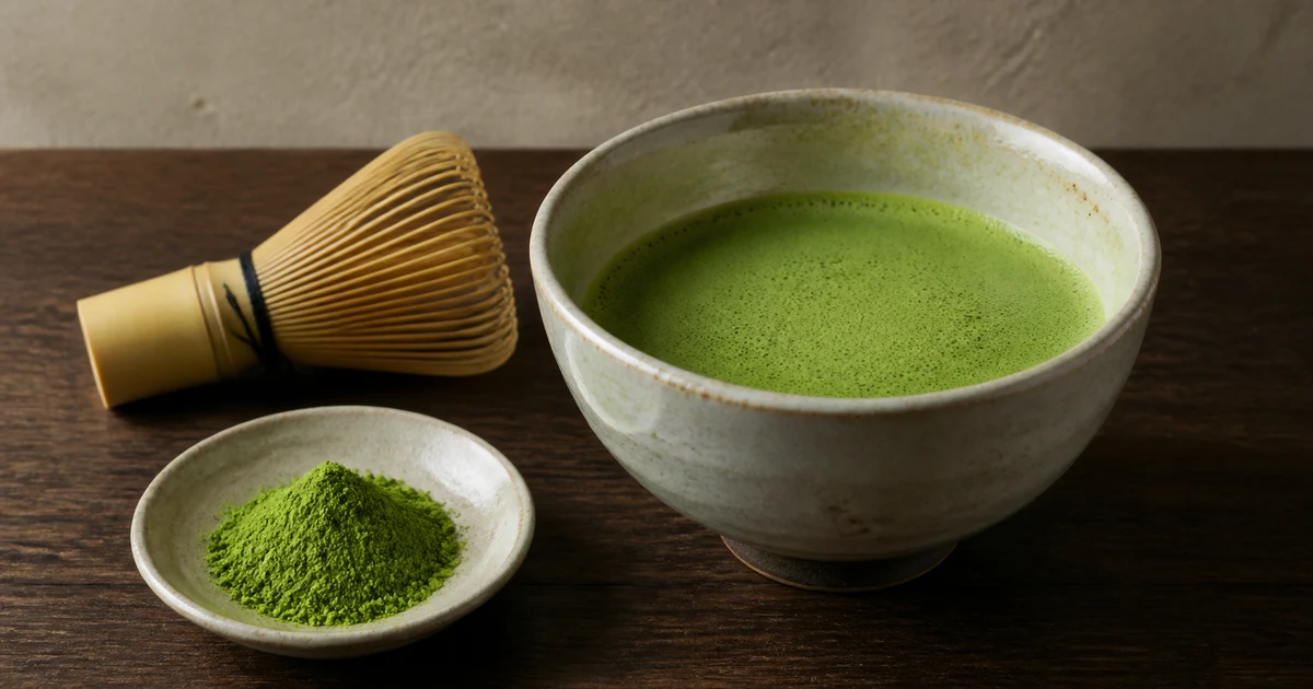 Bowl of freshly whisked matcha with a bamboo chasen and a small dish of matcha powder