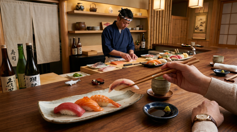 How to eat sushi with chopsticks at a sushi counter in Japan