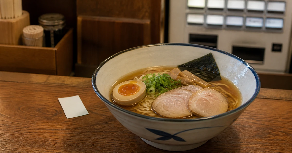 Bowl of shoyu ramen with assorted chashu, a seasoned egg, nori, bamboo shoots, and green onions