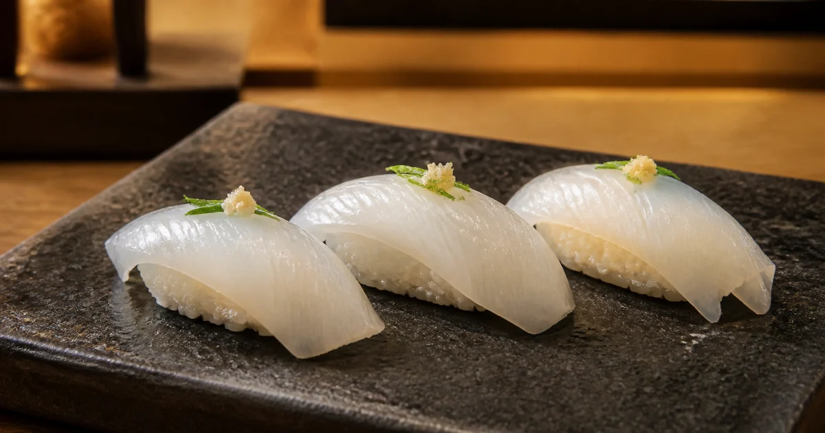 Three pieces of ika squid nigiri on a dark ceramic plate
