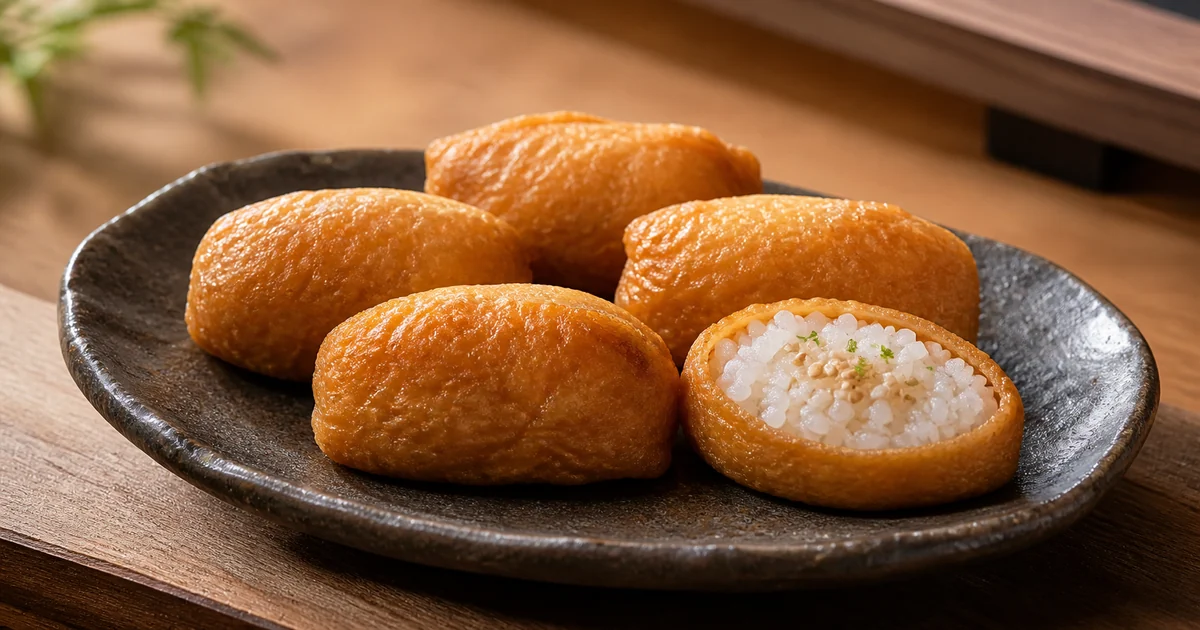 Five pieces of inari sushi on a dark ceramic plate