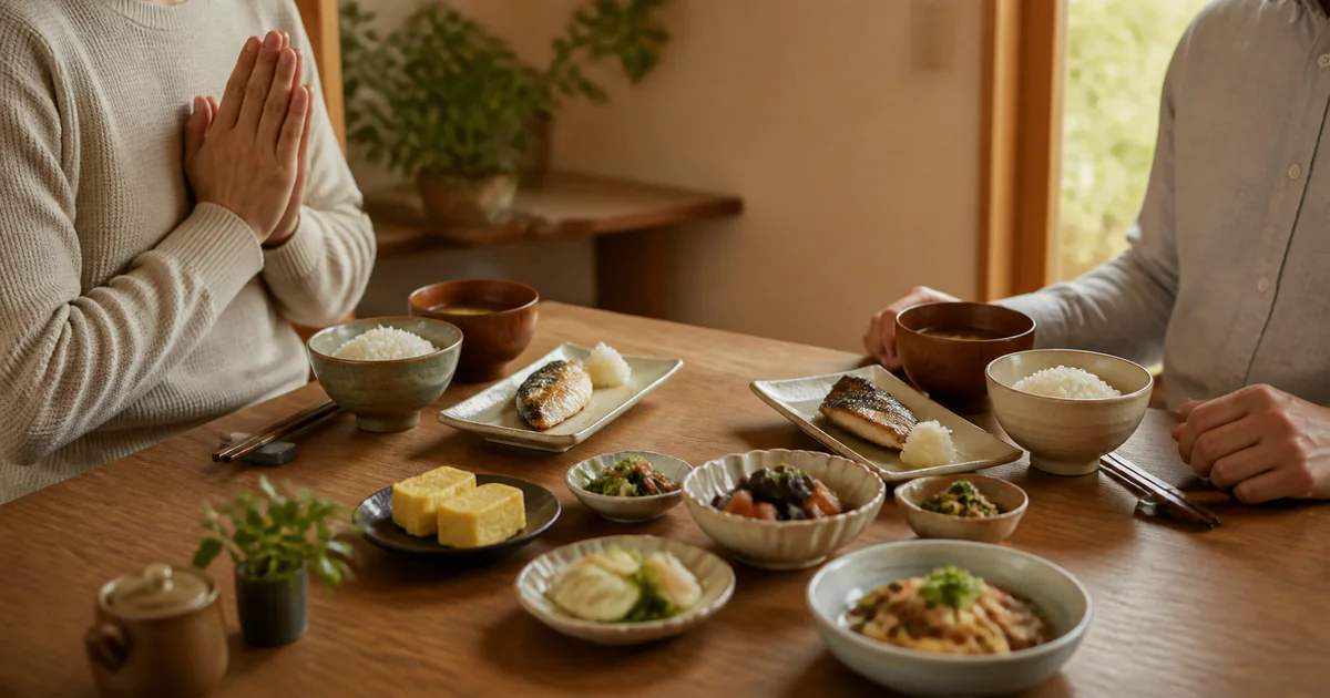 Japanese diners pausing before a traditional meal with one person bringing their palms together