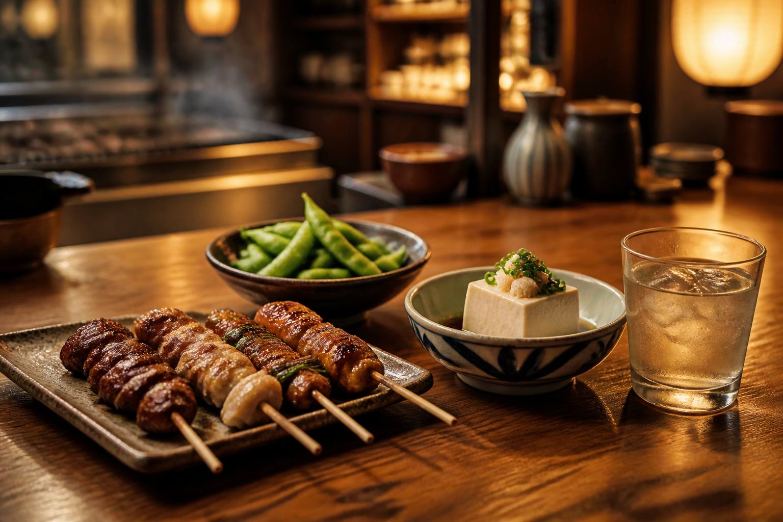 Shared izakaya dishes and a chilled drink on a warm wooden counter