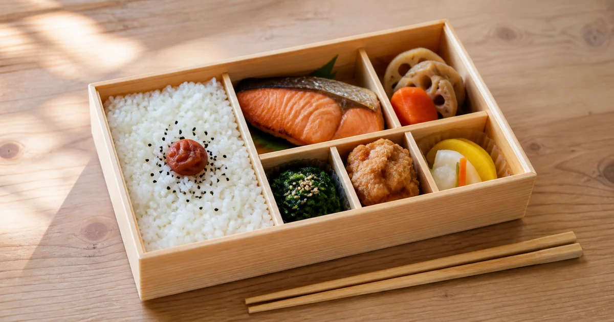 Traditional Japanese bento with rice, grilled salmon, vegetables, karaage, and pickles in a divided wooden box