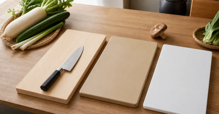 Hinoki, synthetic rubber, and plastic Japanese cutting boards with a santoku knife on a kitchen counter