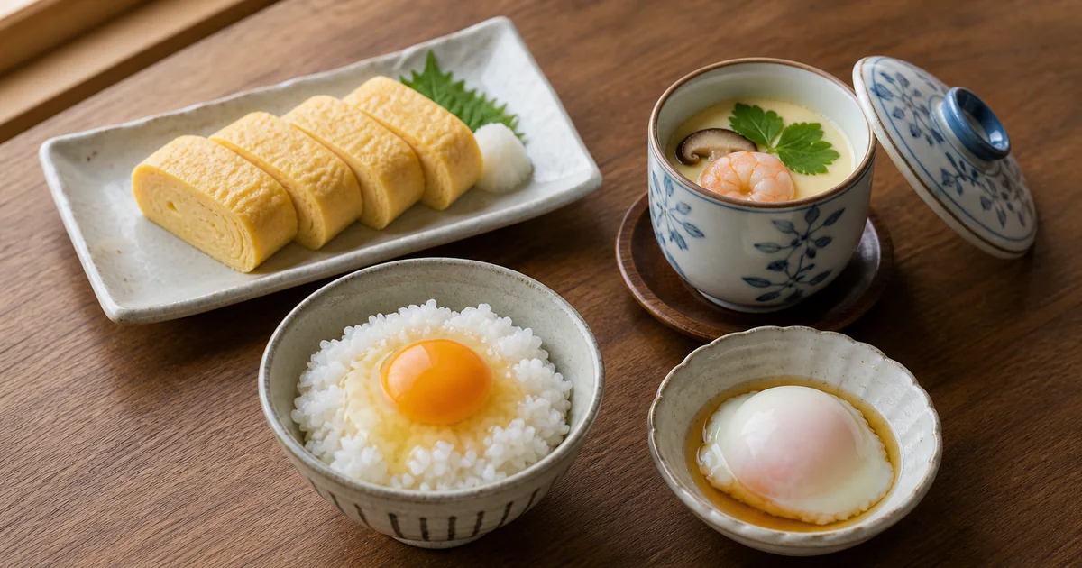 Japanese egg dishes including tamagoyaki, chawanmushi, raw egg rice, and onsen tamago