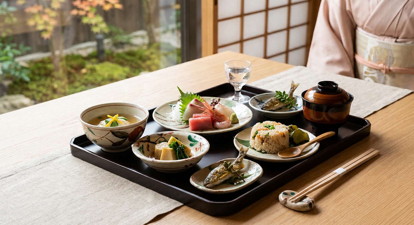 Traditional Japanese kaiseki meal with seasonal dishes served at a restaurant