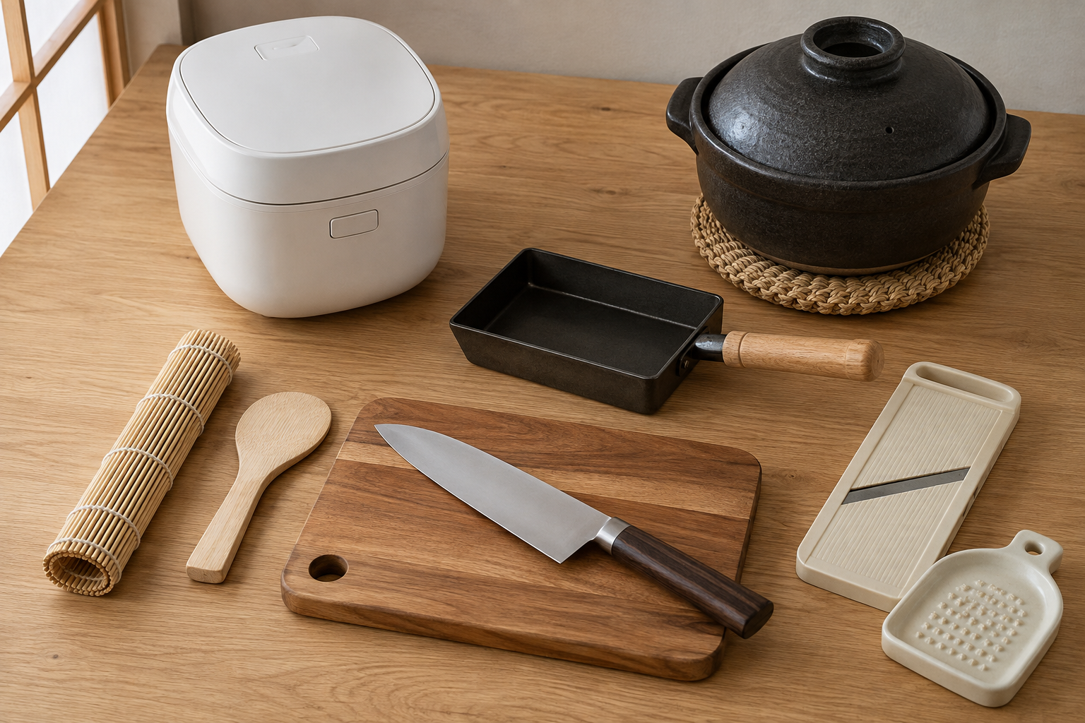 Japanese kitchen tools for beginners, including a rice cooker, gyuto knife, donabe, tamagoyaki pan, mandoline, ceramic grater, and sushi mat