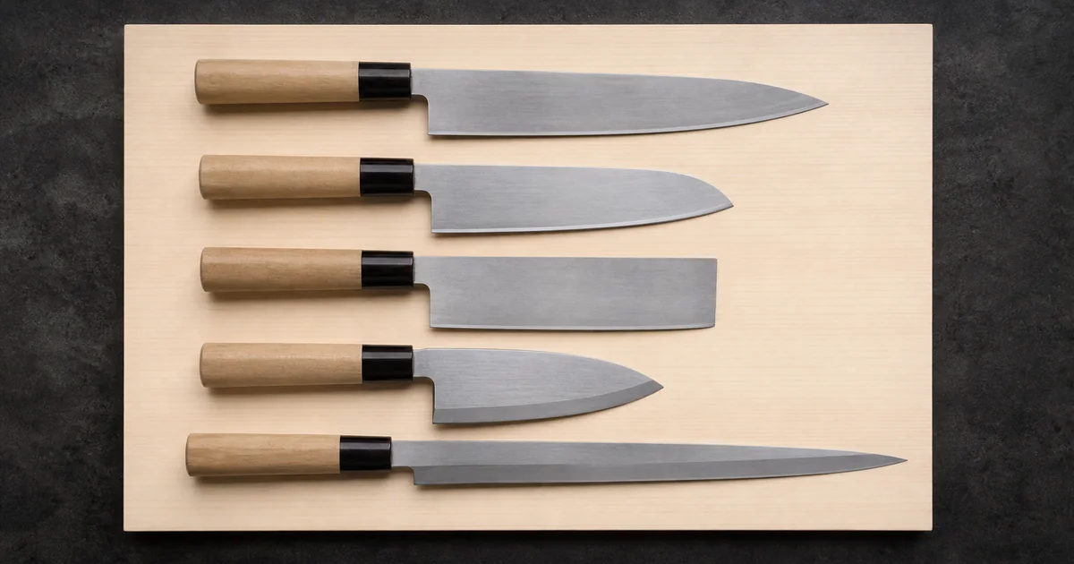 Five Japanese kitchen knife types including gyuto, santoku, nakiri, deba, and yanagiba on a wooden board