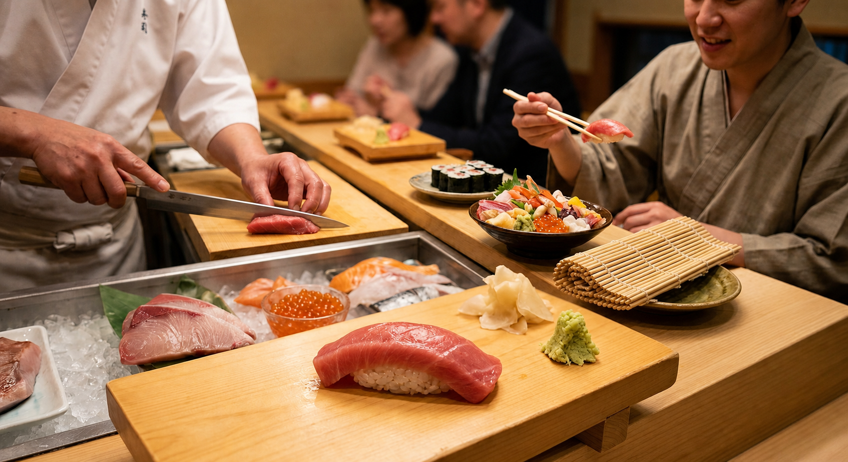 Sushi chef preparing nigiri at a Japanese sushi counter