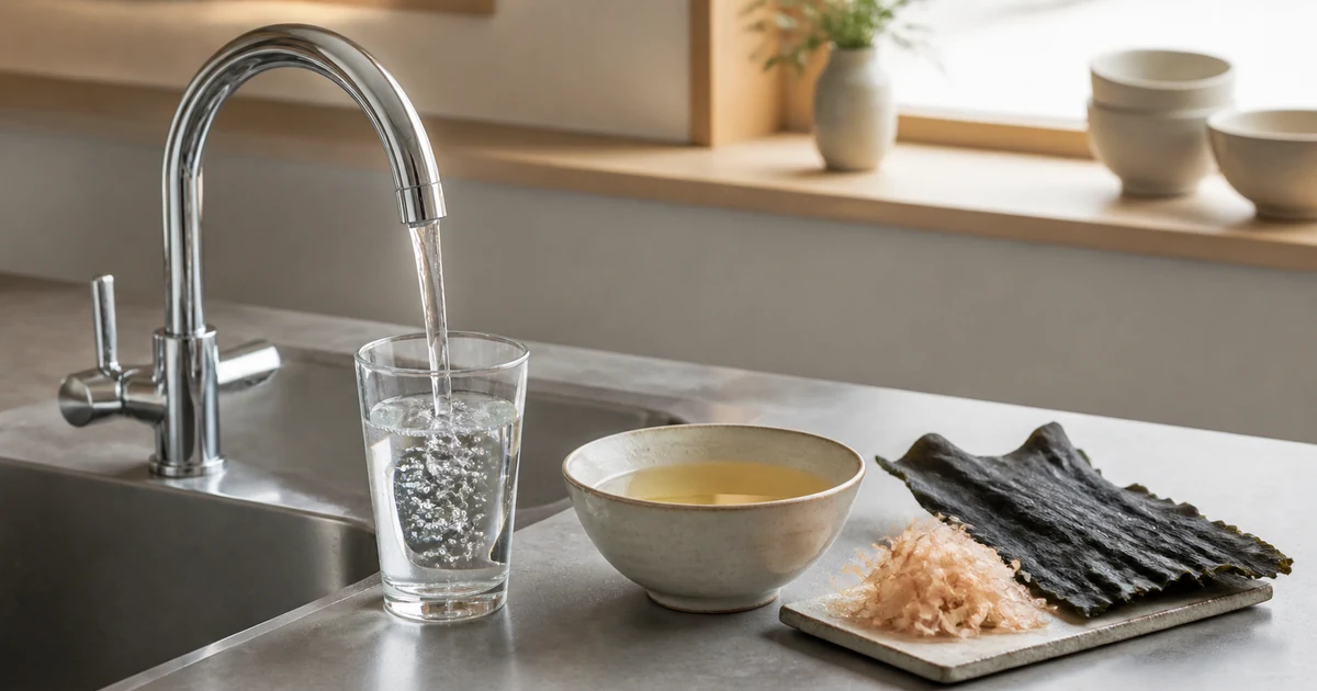 Clear Japanese tap water filling a glass beside pale golden dashi, kombu, and katsuobushi