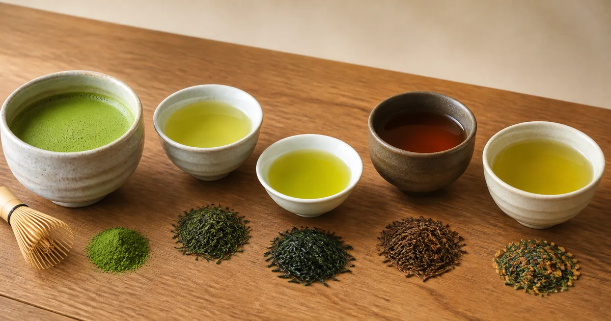 Matcha, sencha, gyokuro, hojicha, and genmaicha with their dry tea leaves on a wooden table