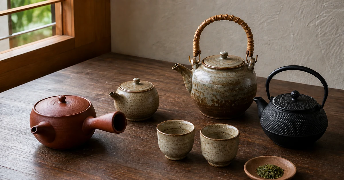 Japanese teapot types arranged on a wooden table, including a kyusu, hohin, dobin, and cast-iron teapot