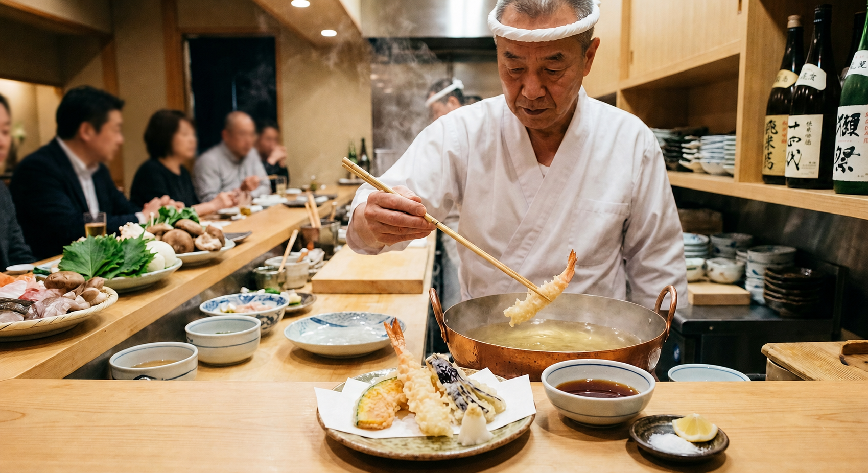 Japanese tempura chef preparing traditional tempura at a restaurant