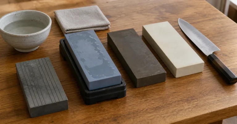 Japanese water stones in coarse, medium, and fine grits with a flattening stone and chef’s knife