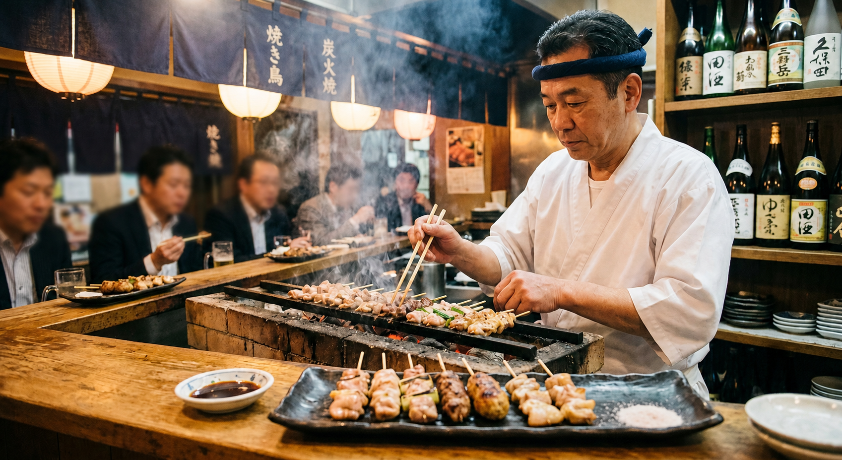 Japanese yakitori grilled chicken skewers cooked over charcoal