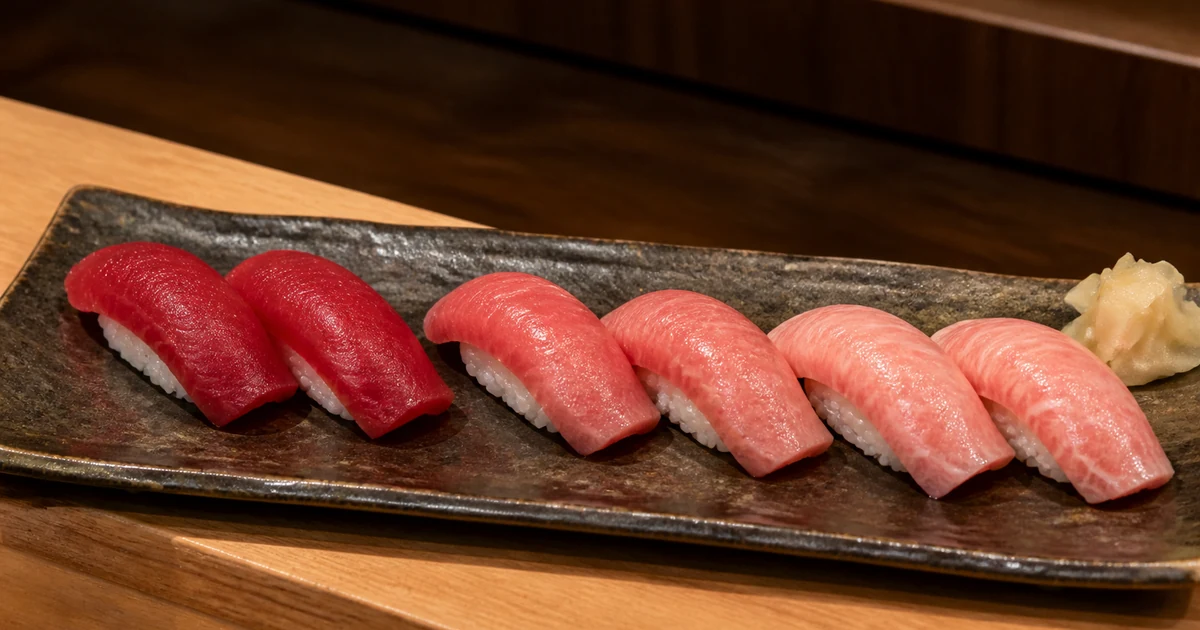 Six pieces of maguro nigiri showing lean akami, medium-fat chutoro, and marbled otoro