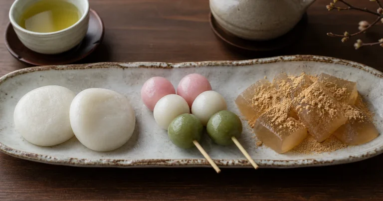 Japanese mochi, hanami dango, and kinako-dusted warabi mochi arranged on a ceramic platter