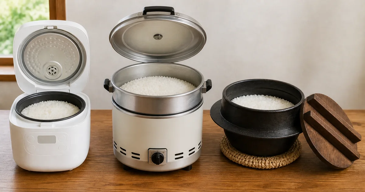 Electric rice cooker, gas rice cooker, and traditional hagama compared