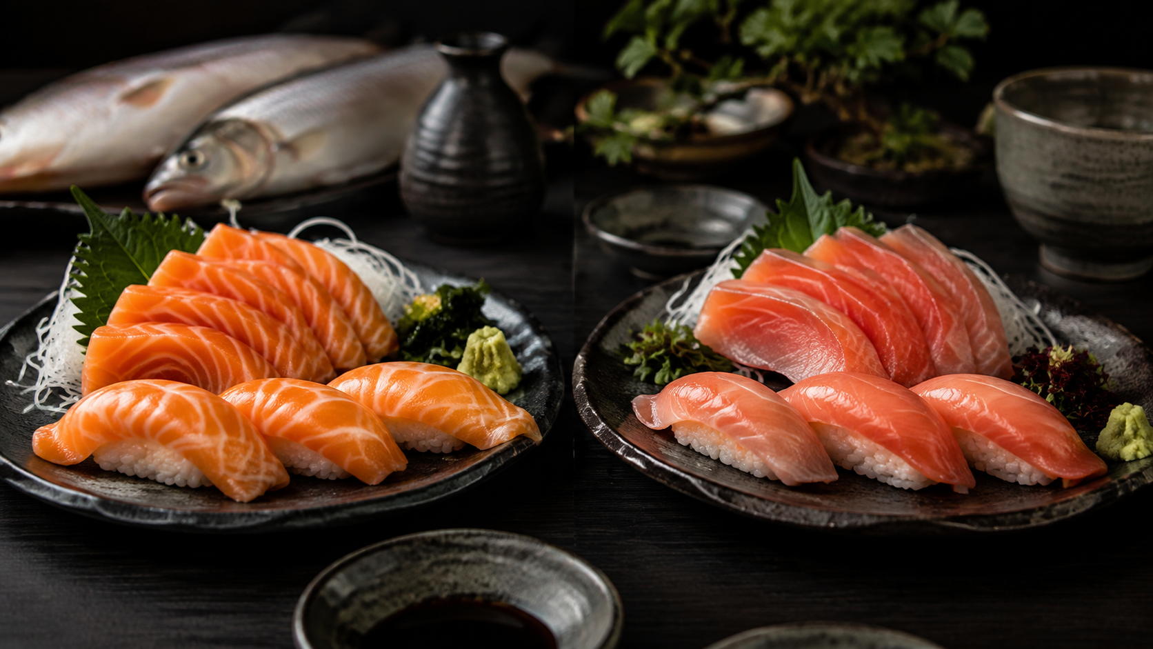 Salmon and trout sashimi and nigiri displayed side by side on Japanese ceramic plates