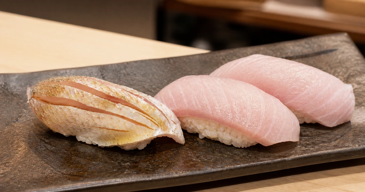 Spring kasugo nigiri and winter buri nigiri arranged on a dark ceramic plate