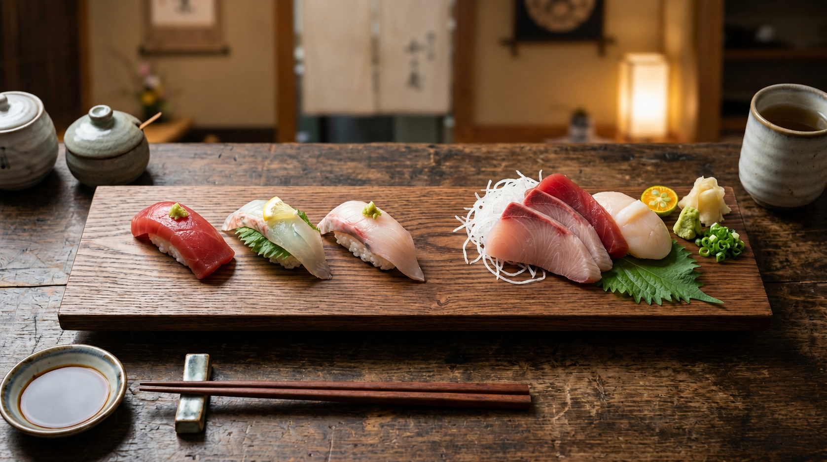Nigiri sushi and sashimi served side by side in Japan