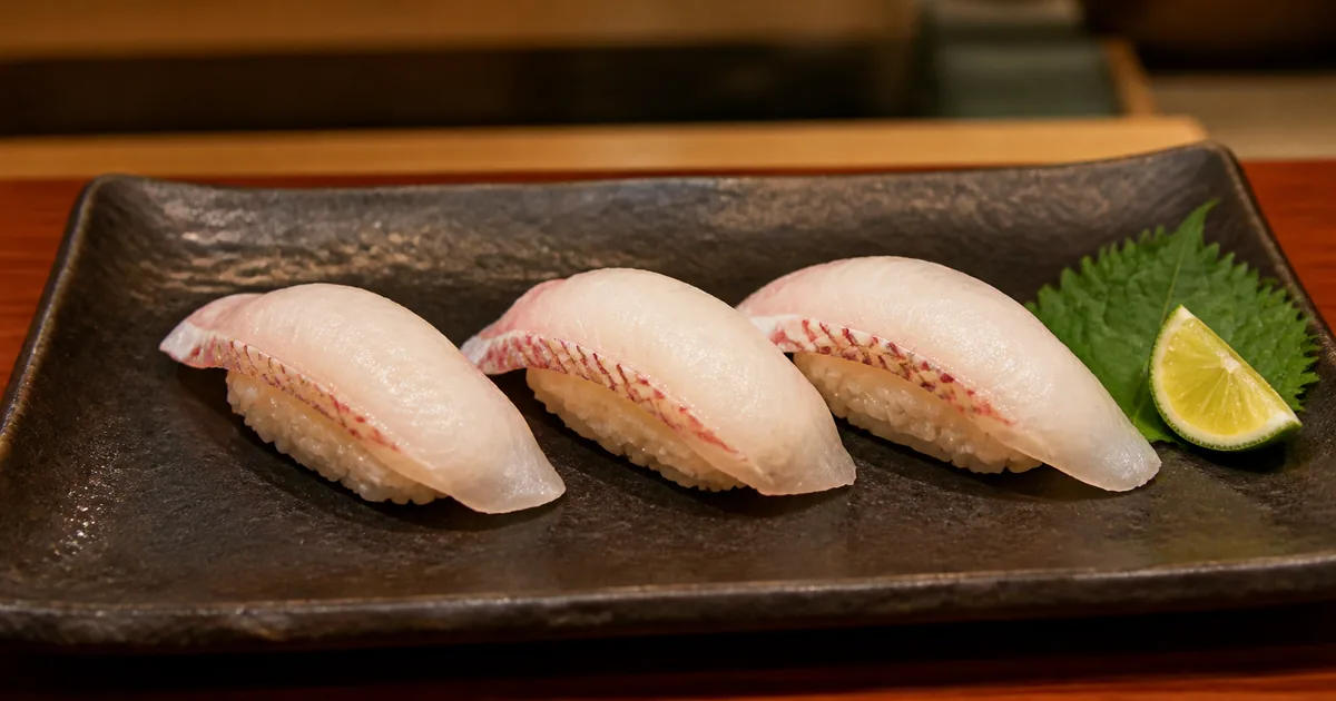 Three pieces of tai sea bream nigiri on a dark ceramic plate