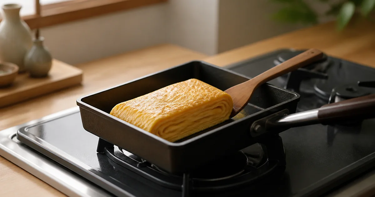 Rectangular tamagoyaki pan with a layered Japanese rolled omelet