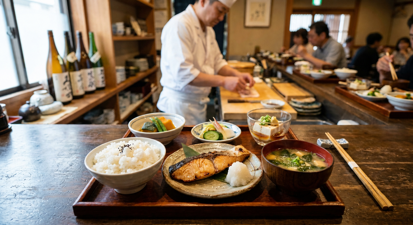 traditional Japanese washoku meal with seasonal dishes