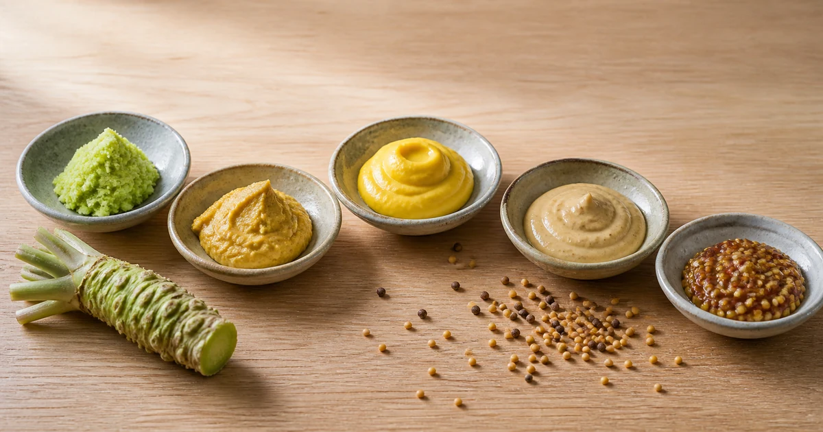 Fresh wasabi, Japanese karashi, yellow mustard, Dijon, and whole-grain mustard in small ceramic dishes
