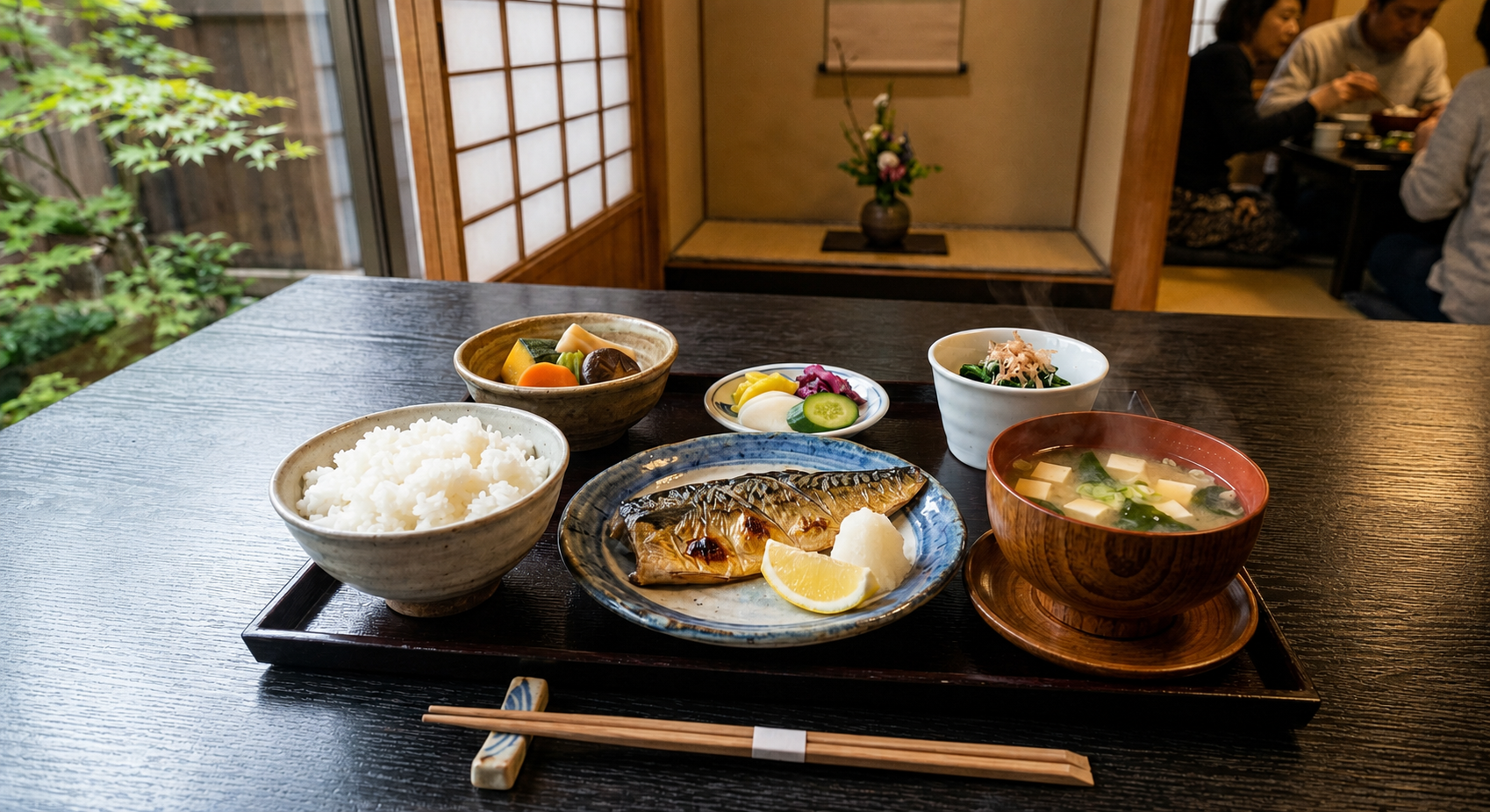 Traditional Japanese washoku set meal with grilled fish, rice, miso soup, and side dishes