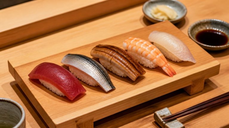 Traditional Edomae sushi including marinated tuna, kohada, and anago
