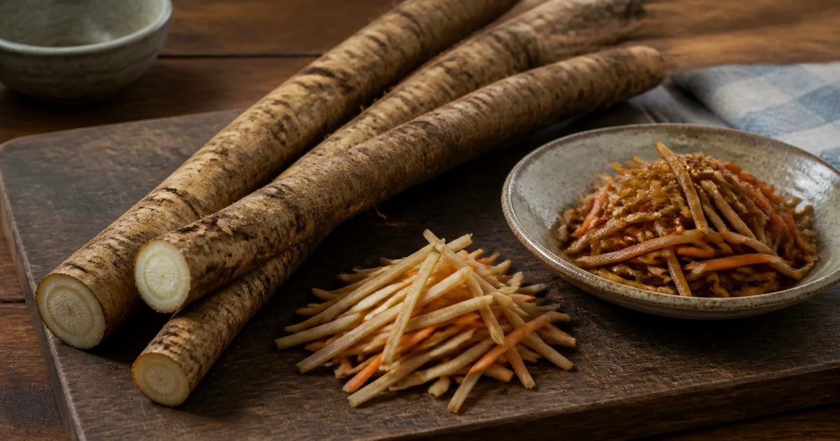 Fresh gobo roots with julienned burdock and kinpira gobo