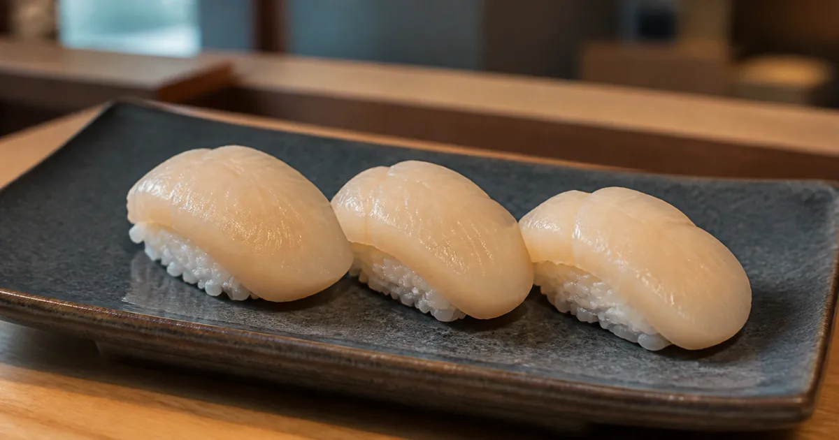 Three pieces of raw hotate scallop nigiri on a dark ceramic plate at a sushi counter