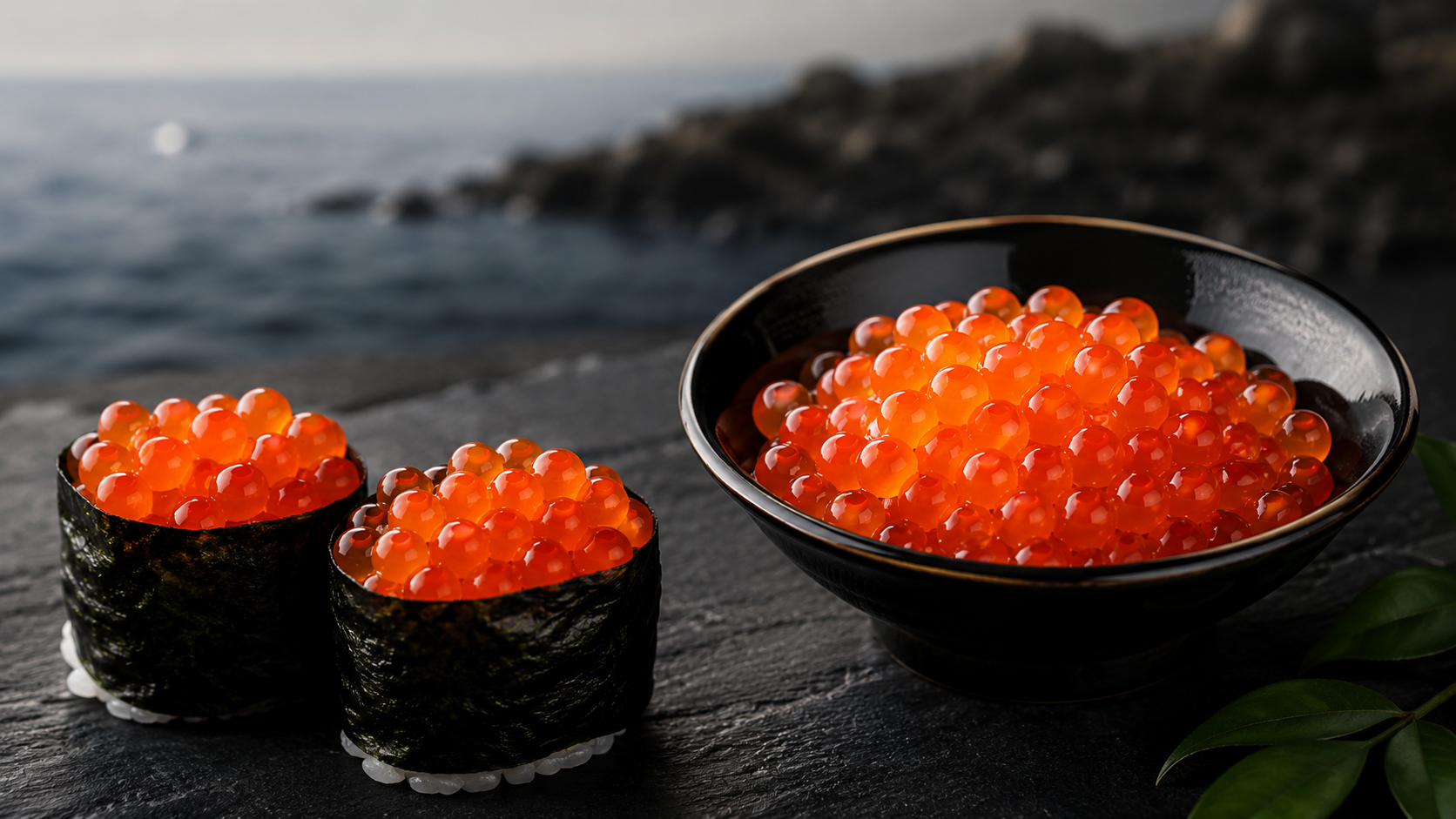 Glossy orange ikura served in a black bowl with two pieces of salmon roe gunkan sushi.