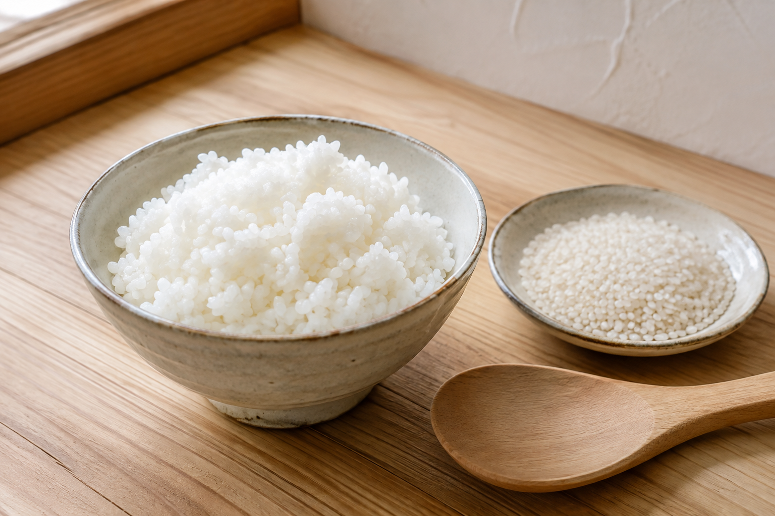 Bowl of steamed Japanese rice with uncooked short-grain rice and a wooden rice paddle