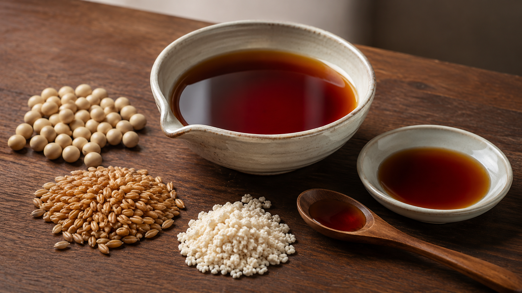 Japanese soy sauce in ceramic bowls with soybeans, toasted wheat, and koji