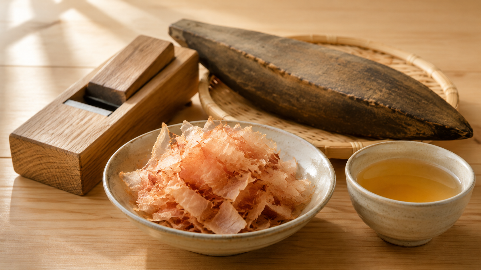 Katsuobushi block, wooden shaving tool, bonito flakes, and Japanese dashi