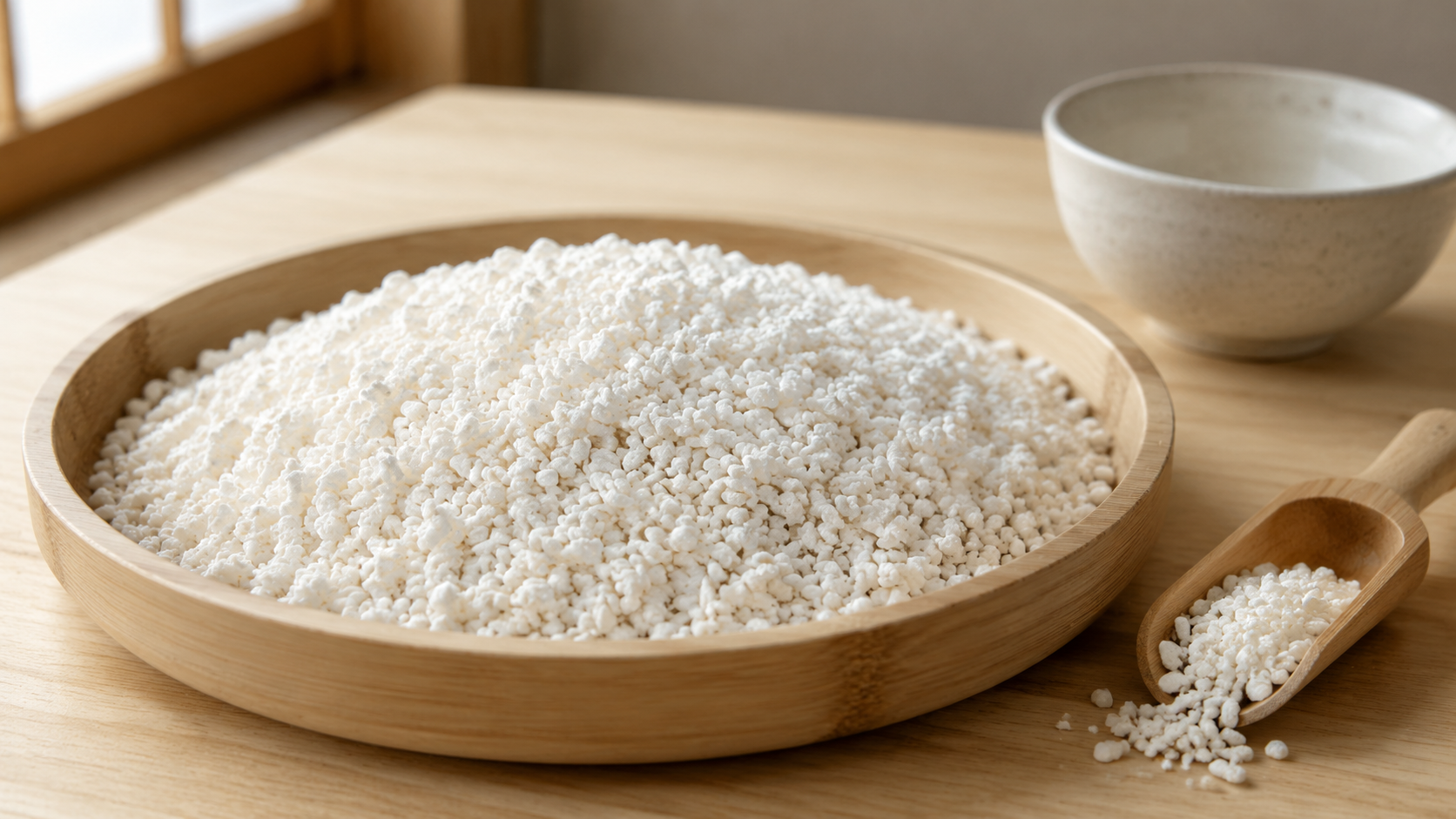 White rice koji in a wooden tray with a small wooden scoop