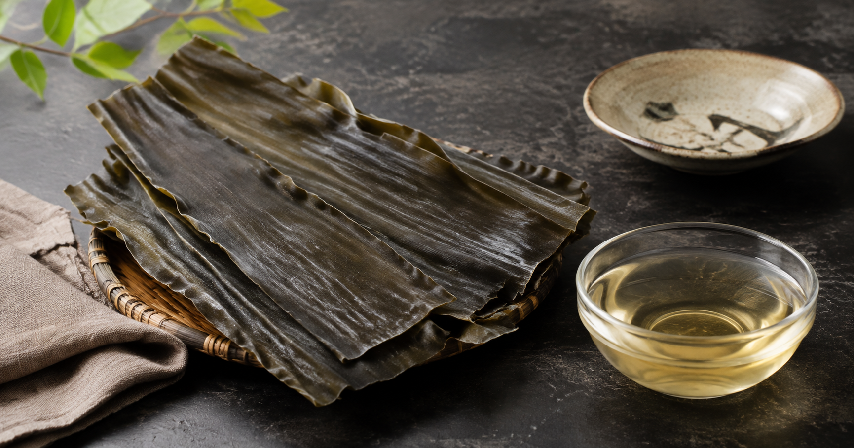 Dried Japanese kombu seaweed beside a bowl of pale golden kombu dashi
