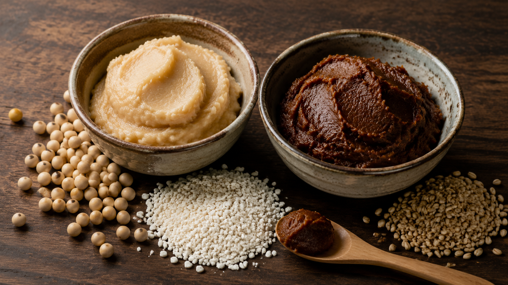 Bowls of white and red miso paste with soybeans, rice koji, and barley