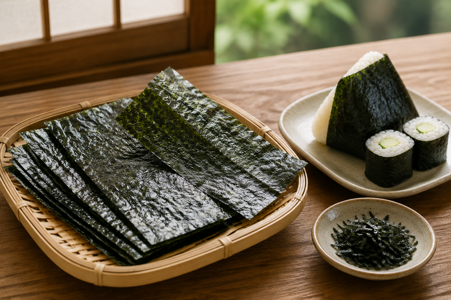 Roasted Japanese nori sheets with onigiri, maki sushi, and shredded nori